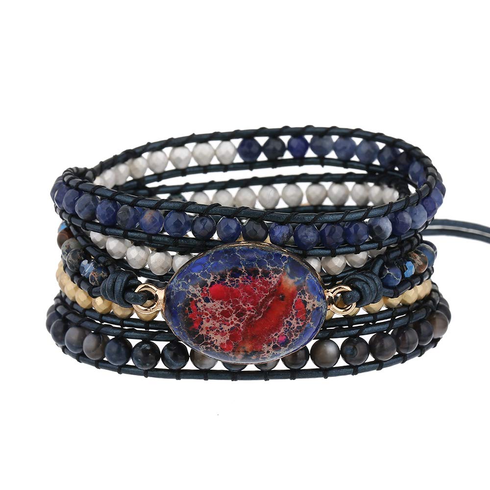 Leather Handmade Imperial Jasper Chakra Druzy Bead Wrap bracelet