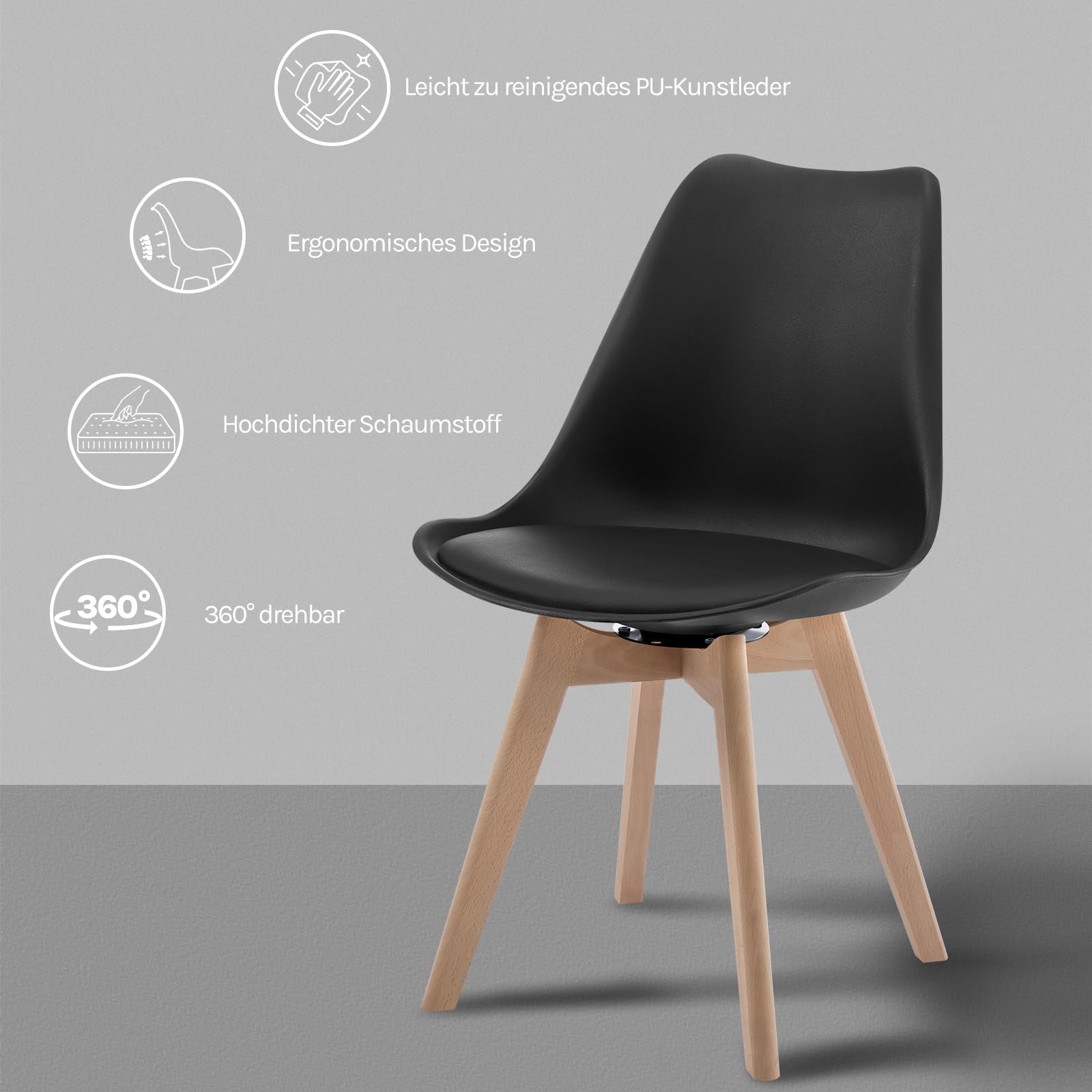 WOLTU Esszimmerstühle drehbar 2er Set, für Esszimmer, Moderne Küchenstühle, aus Massivholz Kunstleder, bis 120 kg belastbar, Schwarz