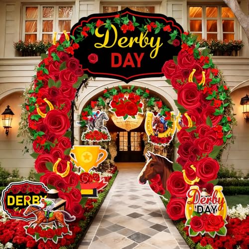 Gersoniel 15 Pcs Derby Day Horse Party Decoration Kit Derby Party Supply 6.6 ft Red Rose Arch Backdrop 2 Rose Garland 10 Horse Racing Cardstock Cutout 2 Hay Box Centerpiece for Race Day Celebration by Gersoniel - Image 3