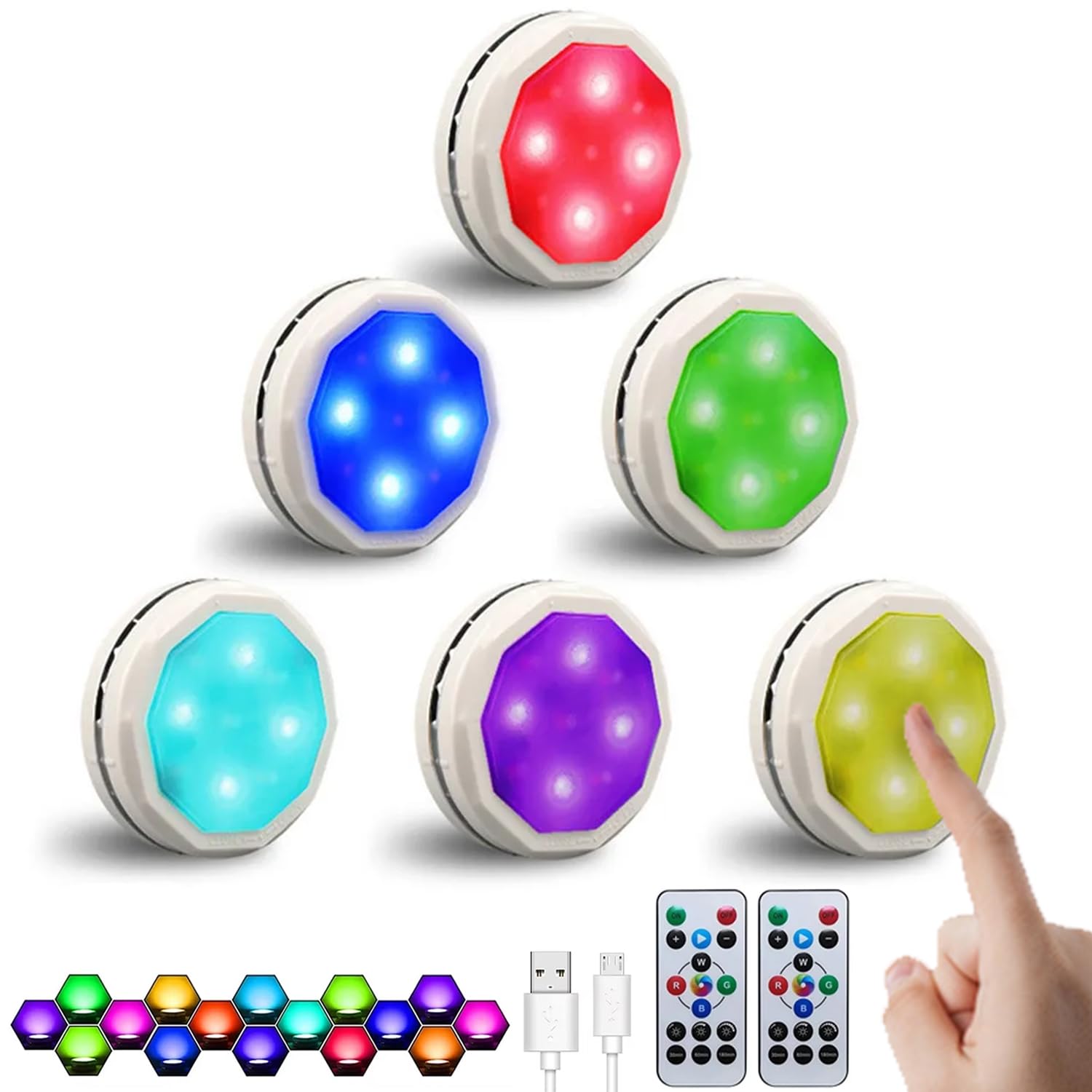 POCKETMAN 6 unidades LED RGB luz regulable batería incorporada, iluminación de vitrina de 16 colores, instalación magnética, lámpara de armario táctil, carga USB, luz de control remoto inalámbrico,