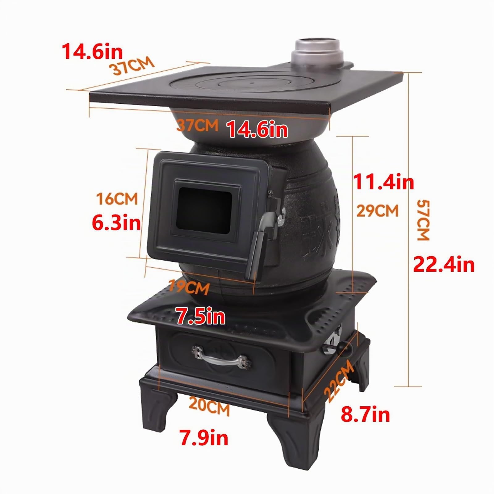 Mini Poele a Bois en Fonte Construction en Fonte avec Hublots D'observation Cuisiniere a Bois Grand Foyer Sans Fumée Convient pour la Cuisson et le Chauffage au Quotidien(A)