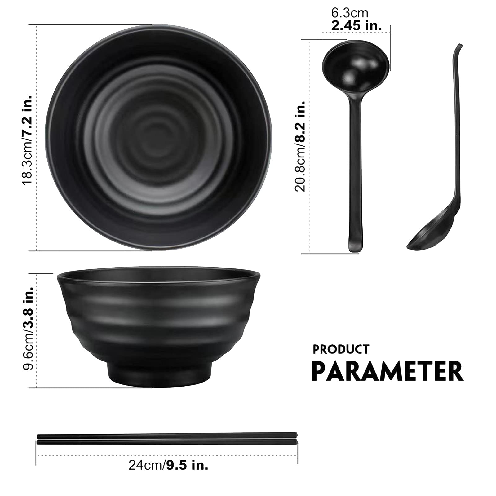 2 juegos (6 piezas), cuencos de sopa, juego de cuencos japoneses, viene con palillos y cucharas, cuencos para sopa, apto para lavavajillas, cuenco multifuncional para cereales para pasta, color negro