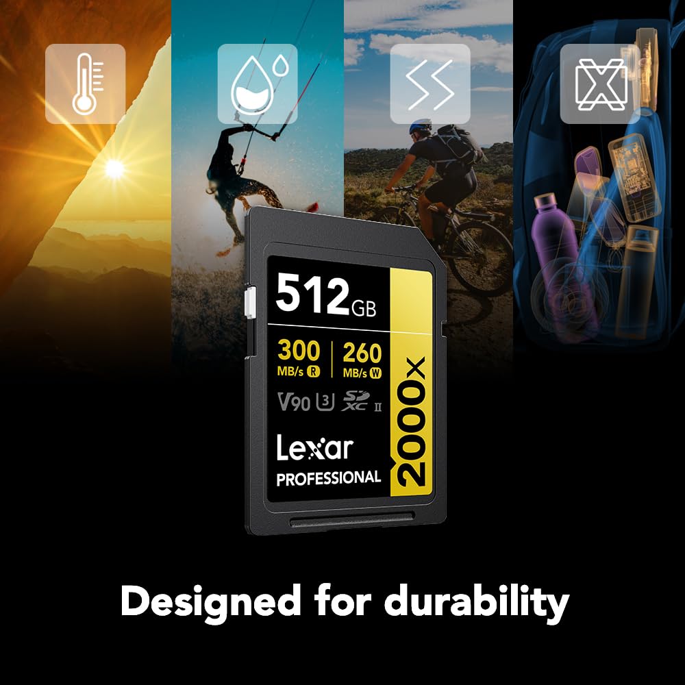 Lexar 512GB Professional 2000x SDXC Memory Card, UHS-II, C10, U3, V90, Full-HD & 8K Video, Up to 300MB/s Read, for DSLR, Cinema-Quality Video Cameras (LSD2000512G-RNNNU)