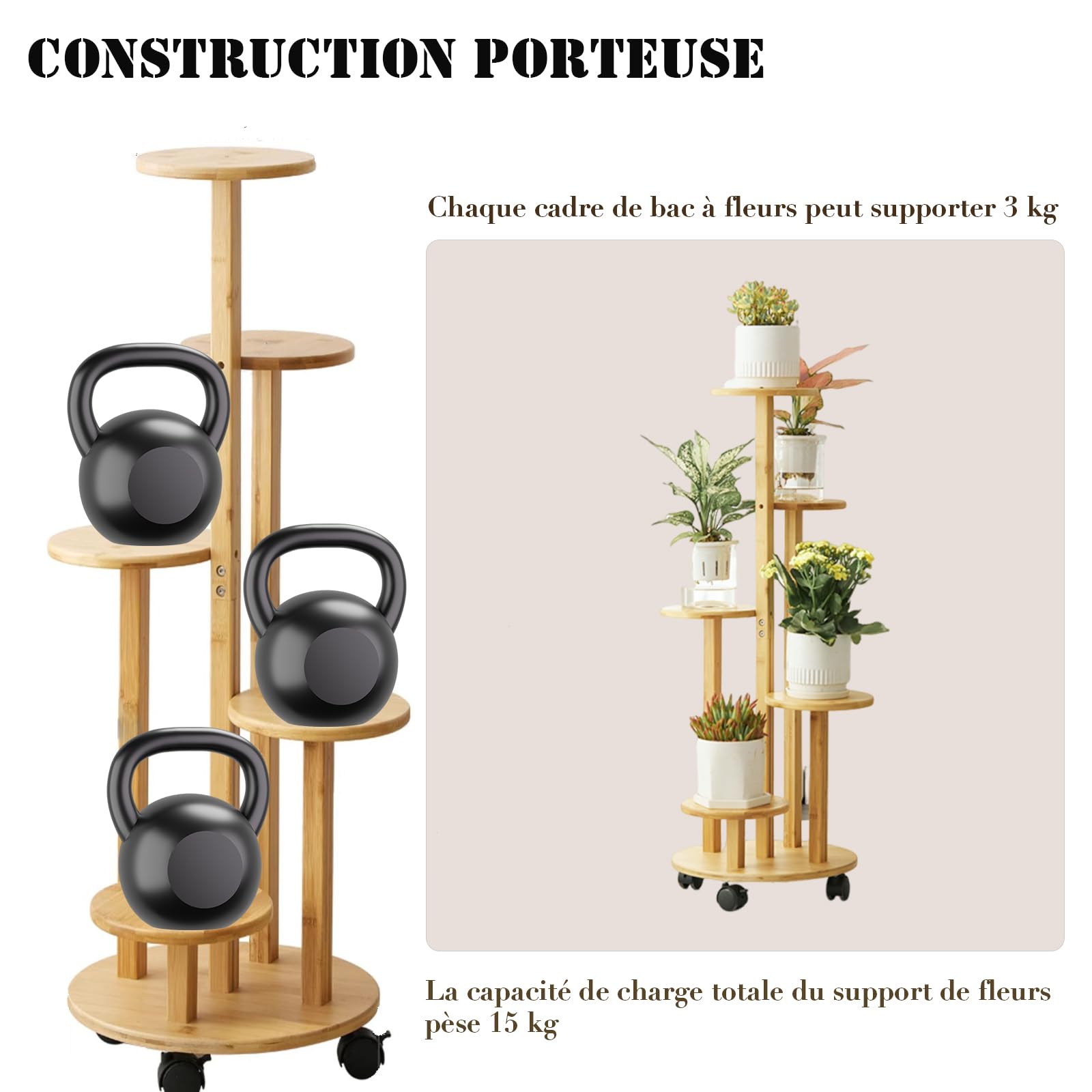 Support de plantes d'intérieur à roulettes, 5 niveaux en bambou pour plantes d'intérieur, Support pour plantes, Diamètre du châssis : 33 cm（Couleur bois）