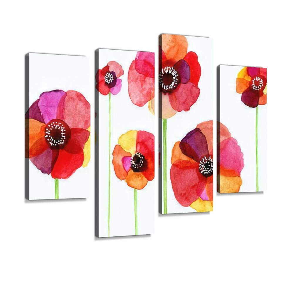 quetas artwork Watercolor painted Papaver Rhoeas Canvas Print Wall Art Pictures Framed Digital Print Abstract Painting Room Home Office Decor Ready to Hang 4 Panel