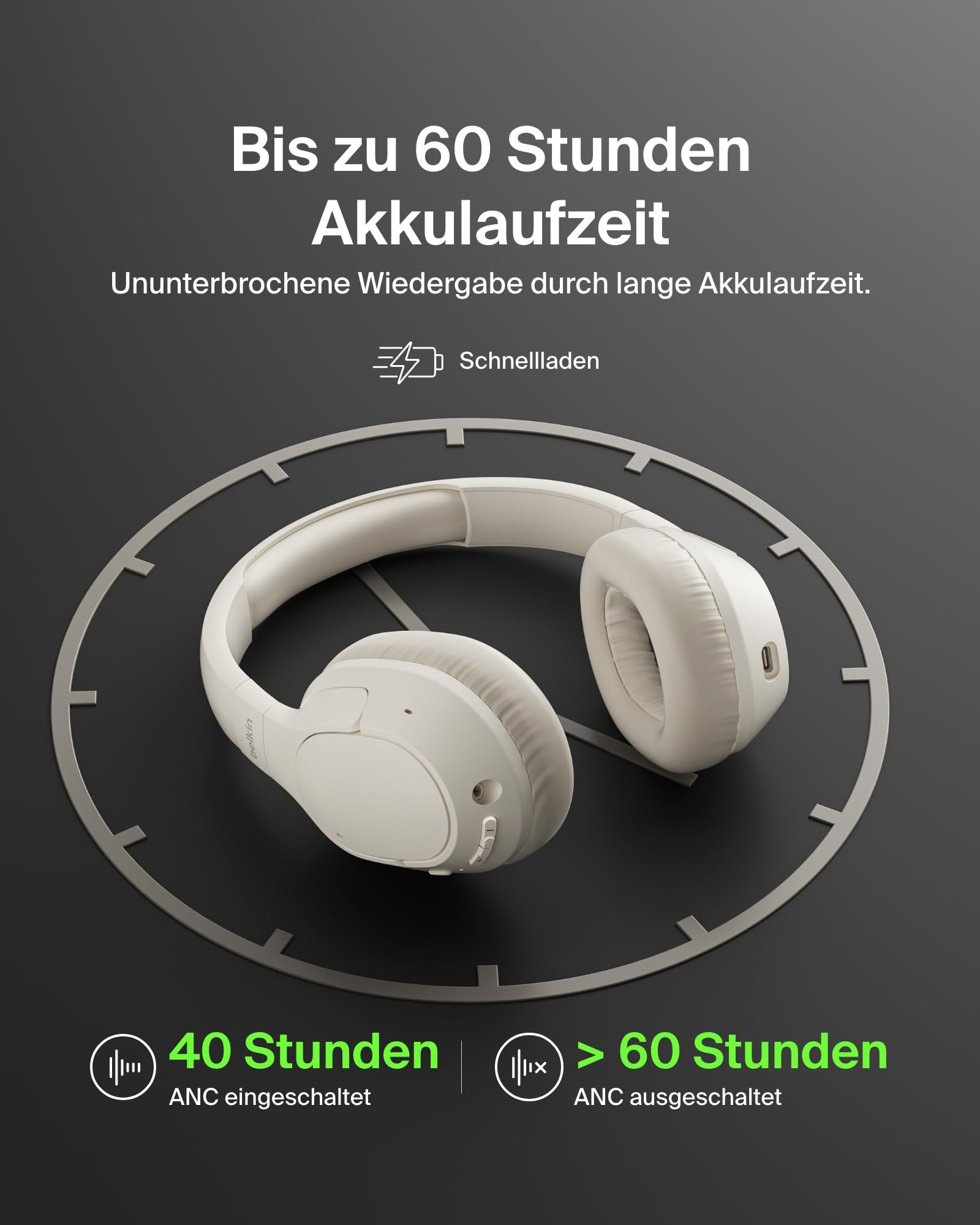 Belkin SoundForm Isolate Noise Cancelling Kopfhörer kabellos Bluetooth Kopfhörer, Headset mit Mikrofon, Over-Ear-Kopfhörer mit 60 Stunden Wiedergabe, tiefer Bass, CloudCushion Hörmuscheln – Sandfarben