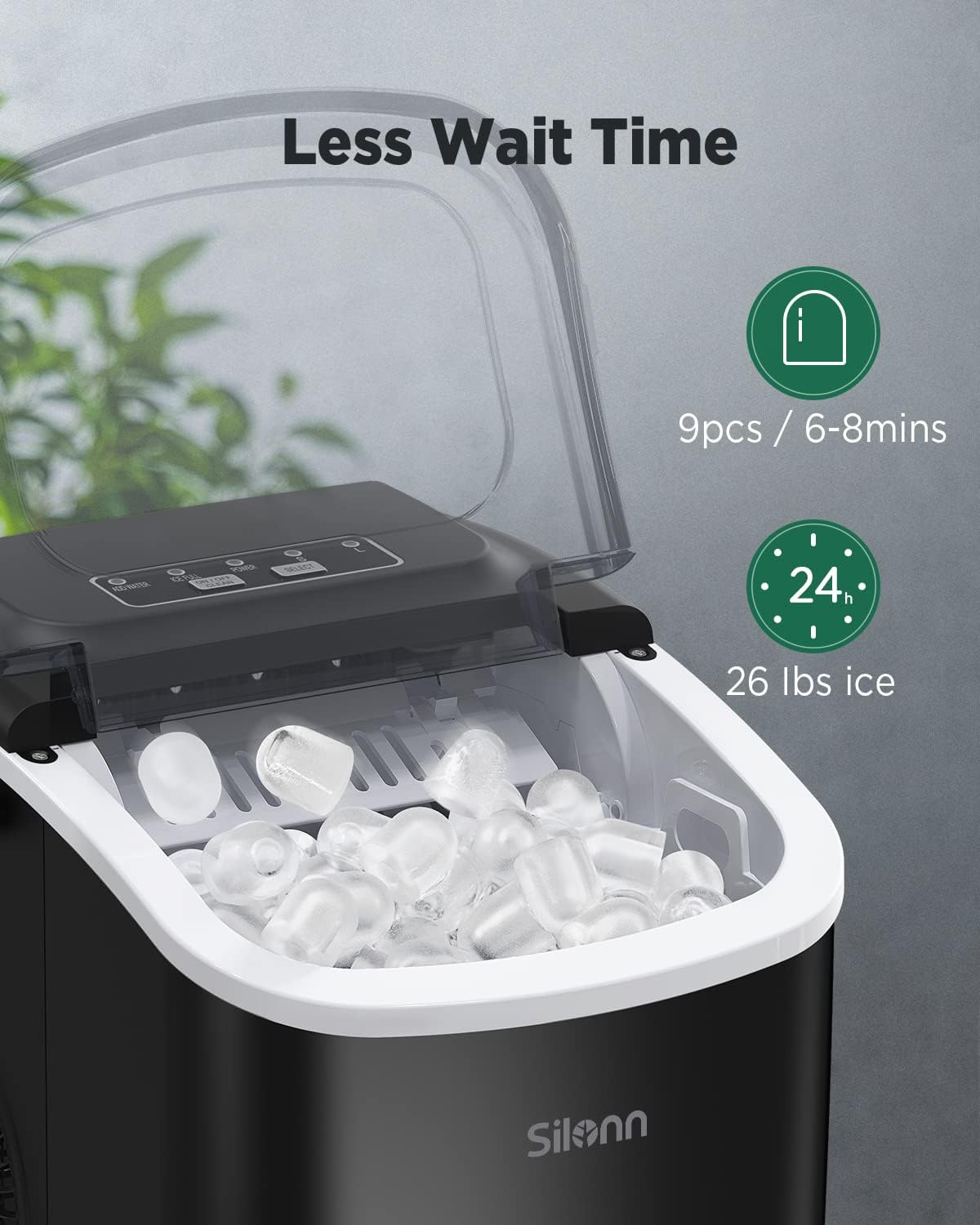 Ice Maker Countertop, 9 Cubes Ready in 6 Mins 26lbs in 24Hrs, Self-Cleaning Ice Machine with Ice Scoop and Basket, 2 Sizes of Bullet Ice for Home Kitchen Office Bar Party, Black