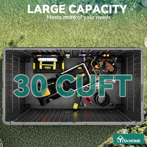 Image of YITAHOME Outdoor Storage Shed w /o Shelf, 30 cu ft Horizontal Storage Shed Outdoor, Resin Waterproof Storage Cabinet for Garage, Poolside, Bikes, and Garden (Dark Gray + Black)