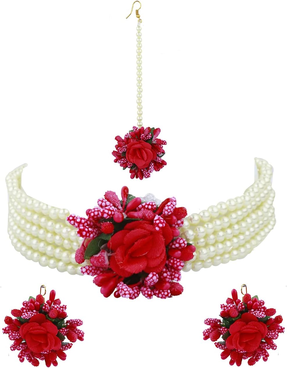 Anuradha Art Flower Choker Necklace Set| Pearls Beads Necklace Earrings With Maang Tikka| Baby Shower,Pre-Wedding,Mehndi,Haldi, Godbhari Jewellery Set