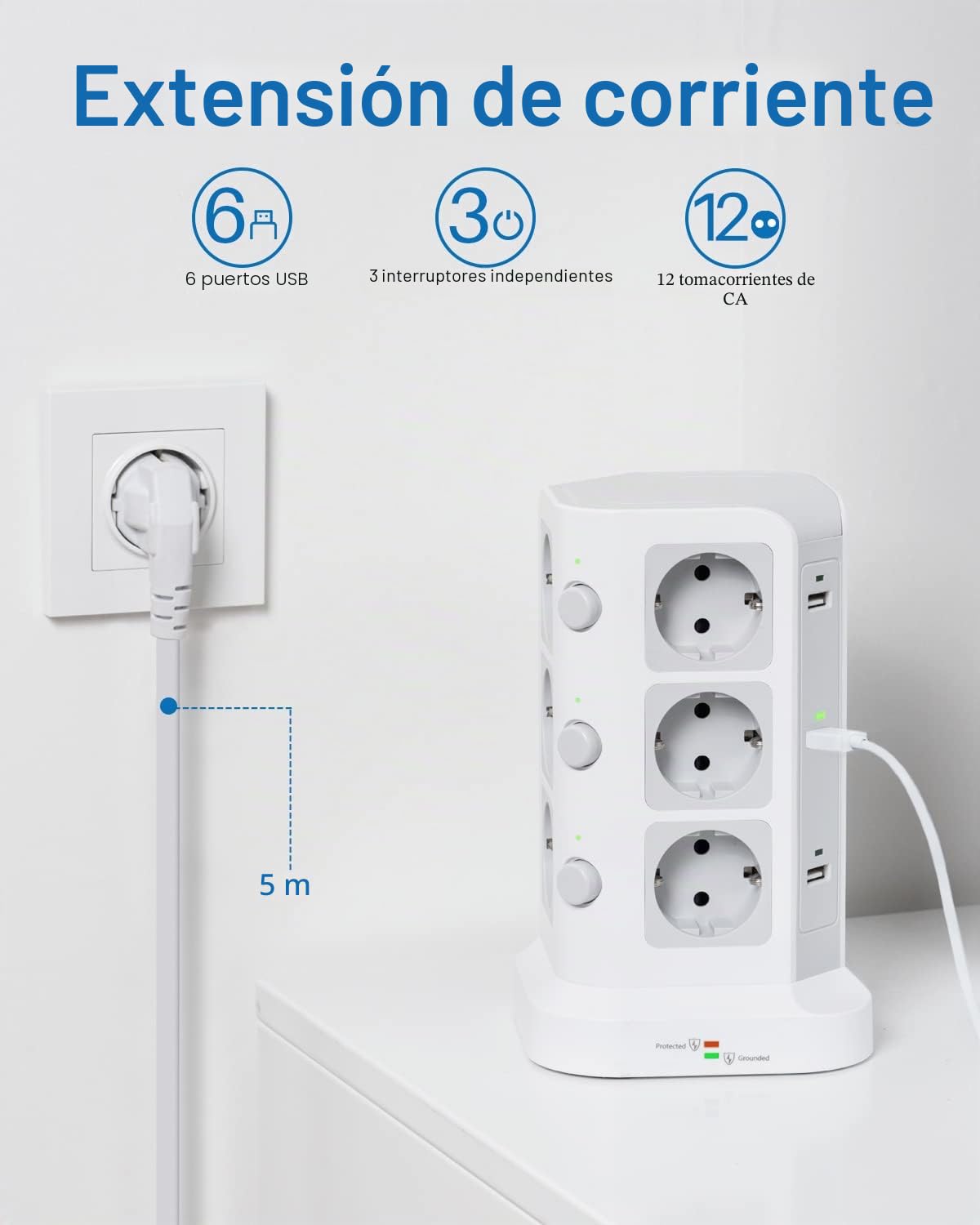 KOOSLA Regleta Vertical, 12 Enchufes, 6 USB, 5M, Blanco | 12 Enchufes, 6 USB, 4000W/16A, 3 Interruptores, Protección contra Sobretensión, Cable 5M