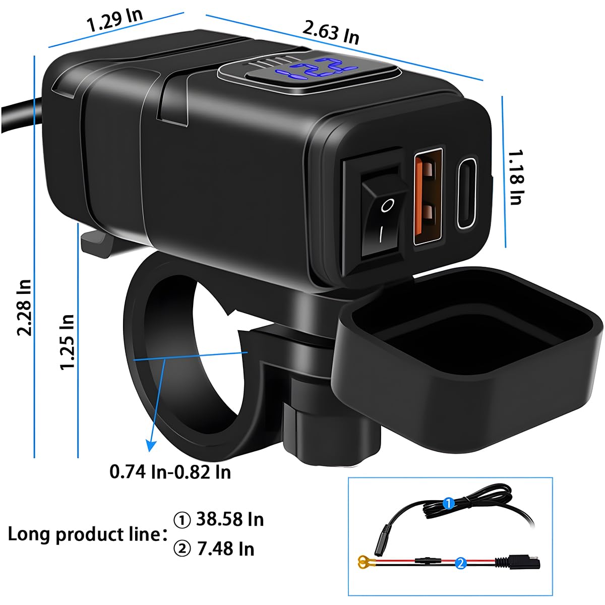 Ankuee Motorcycle USB Phone Charger, Waterproof SAE to USB Adapter with Voltmeter & ON/Off Switch, Dual Quick Charge 3.0 Charger, Motorcycle Accessories for Phone, Tablet, GPS, etc (Blue)