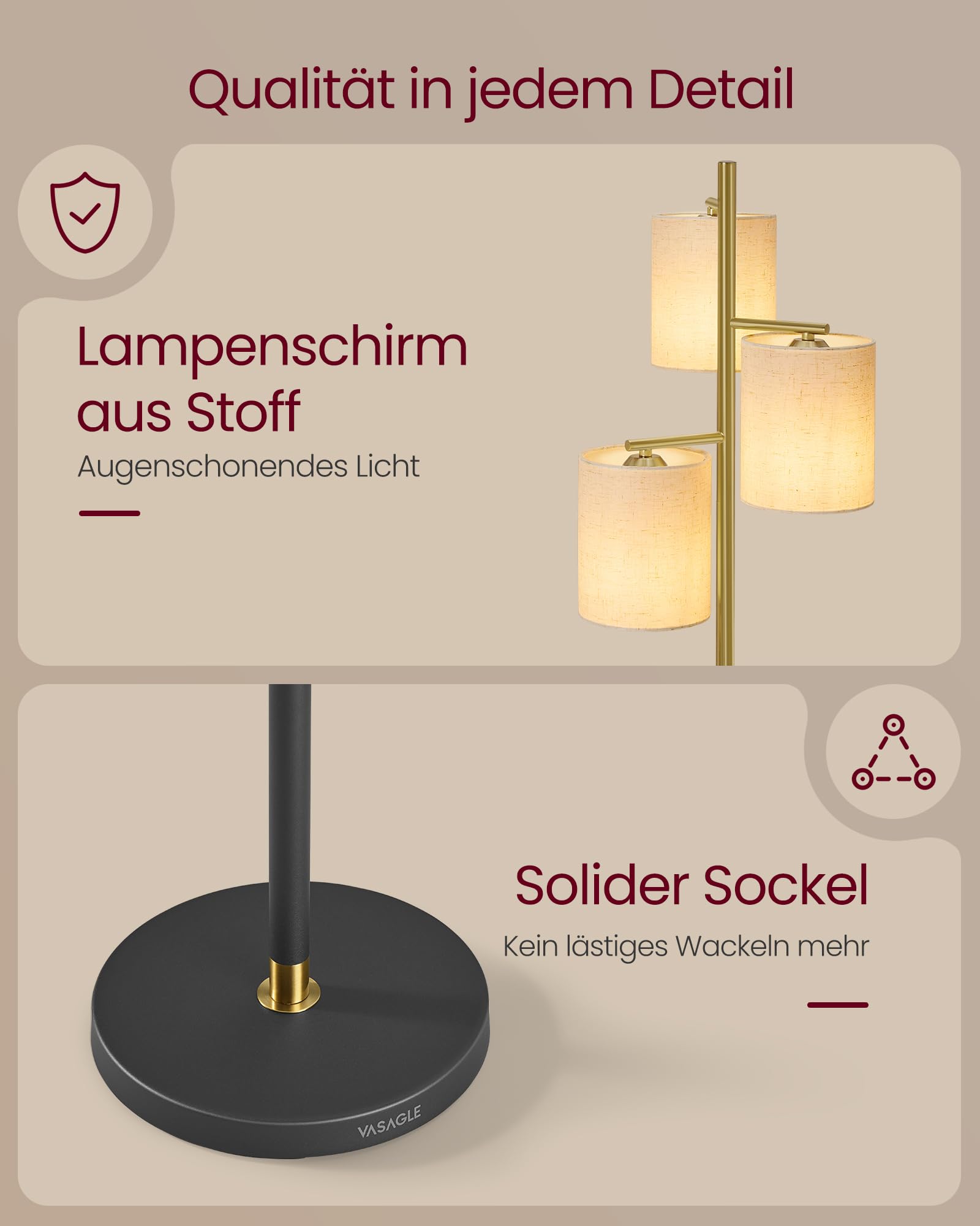 VASAGLE Stehlampe Dimmbar, Stehlampe Wohnzimmer, Standleuchte mit 3 Glühbirnen, modern Stehleuchte, Lampenschirm aus Stoff, 3 E27 Fassungen, für Kinderzimmer,Schlafzimmer, Büro gold-schwarz LFL003B02