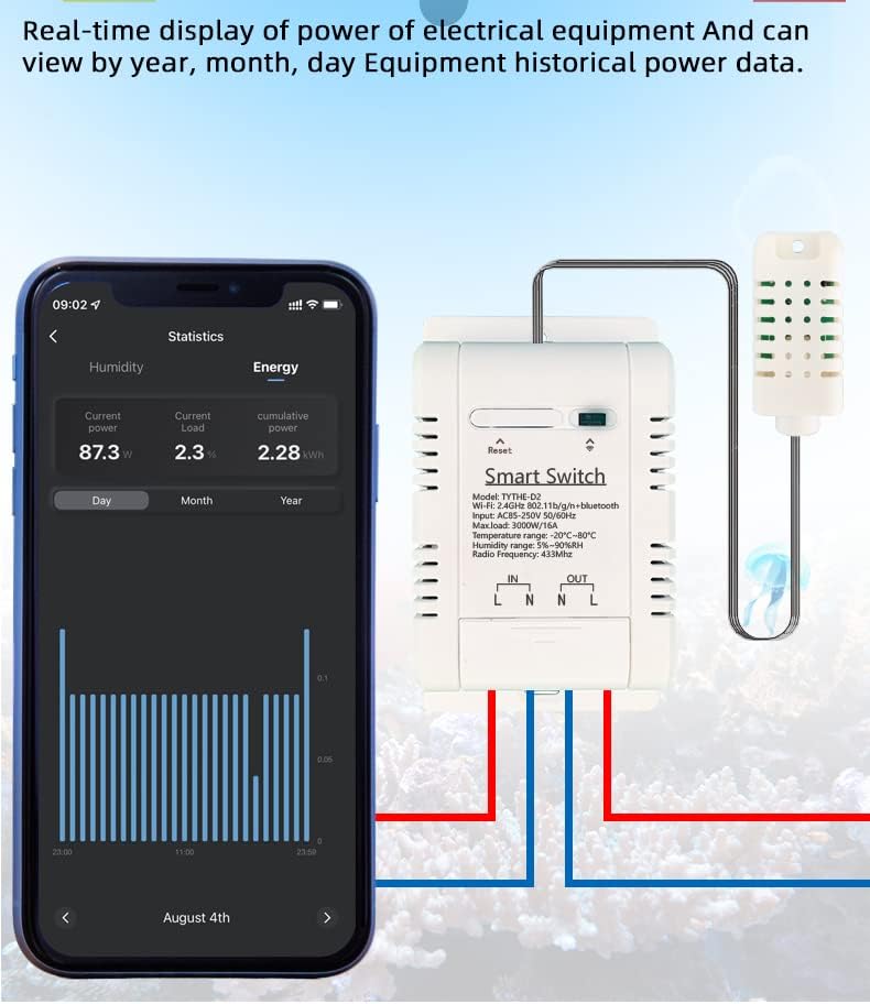 Miniatura 6 de Tuya Smart WiFi 16A - Módulo de sensor de temperatura y humedad con control de consumo de energía, control remoto inalámbrico Bluetooth con