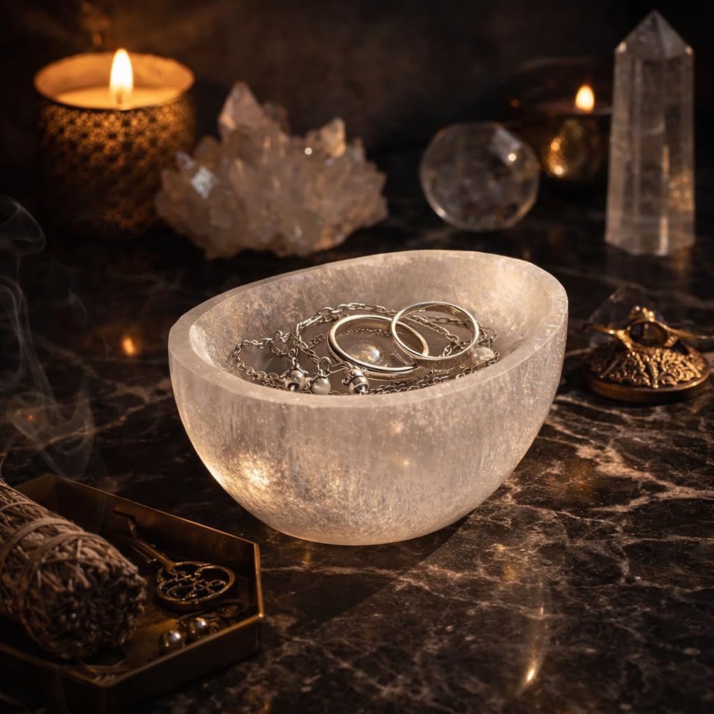 Bol en sélénite demi-sphère 6,5 x 3,5 cm – Bol énergétique pour pierres précieuses, Reiki, méditation