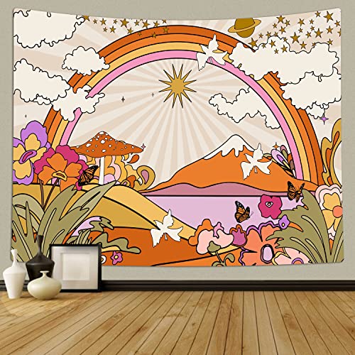 Tomoz Vintage 70S 60S Groovy Tapestry, Retro Flowers Clouds Sun And Rainbow Tapestry Wall Hanging, Orange Boho Aesthetic Tapestry For Bedroom Living Room Dorm Decor 60 X 51Inch #TOP1