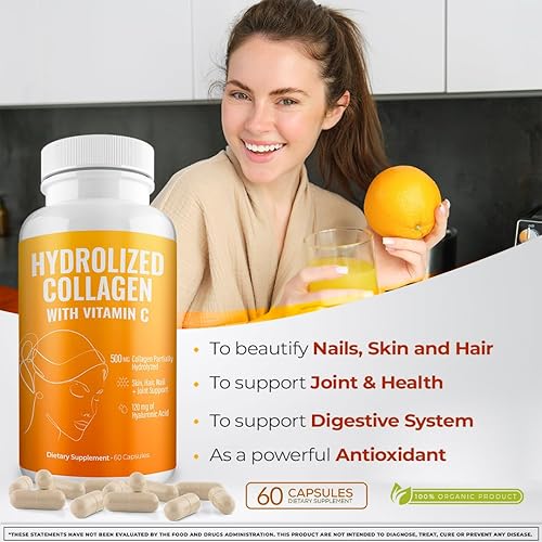 Miniatura 7 de Aura Vitamina Hidrolizada Colágeno con Vitamina C Cápsulas 500mg Gran Energía  Apoyo para la piel, el cabello y las uñas  Pastillas de ácido