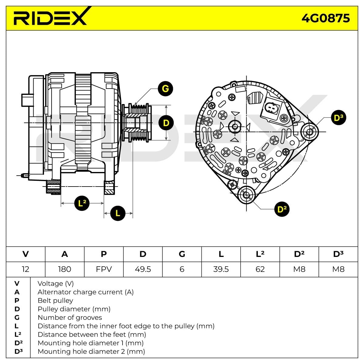 RIDEX 4G0875 Alternador con regulador incorporado Compatible con VW Golf VII Hatchback 5G1, BQ1, BE1, BE2
