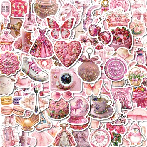 Image of 100 PCS Coquette Stickers Pink Aesthetic Stickers Pack, Holographic Thickened Vinyl Cute Stuff Water Bottle Sticker for Girls| Easier to Peel Off| Scratch & Fade Resistant| No Curling| Reusable
