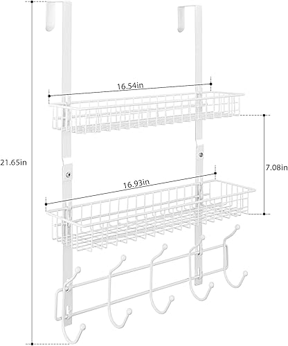 Miniatura 2 de OYEAL Percha para colgar sobre la puerta con 2 cestas de malla, 5 ganchos, organizador de almacenamiento desmontable para abrigos, sombreros,