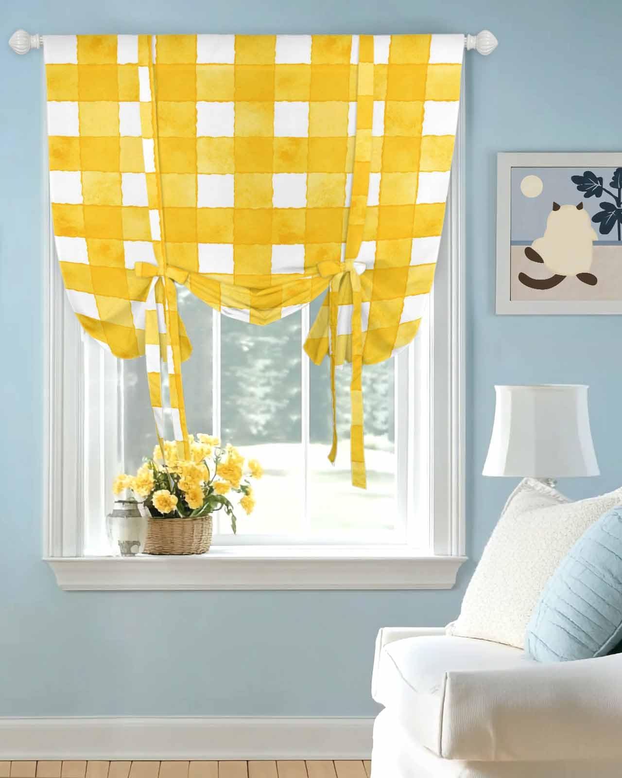 Tie Up Curtains for Windows Watercolor Yellow Plaid Rod Pocket Tie-Up Window Shade Adjustable Balloon Curtain Valance Classic Geometric Stripe for Bedroom Kitchen Bathroom Blinds,52x45in