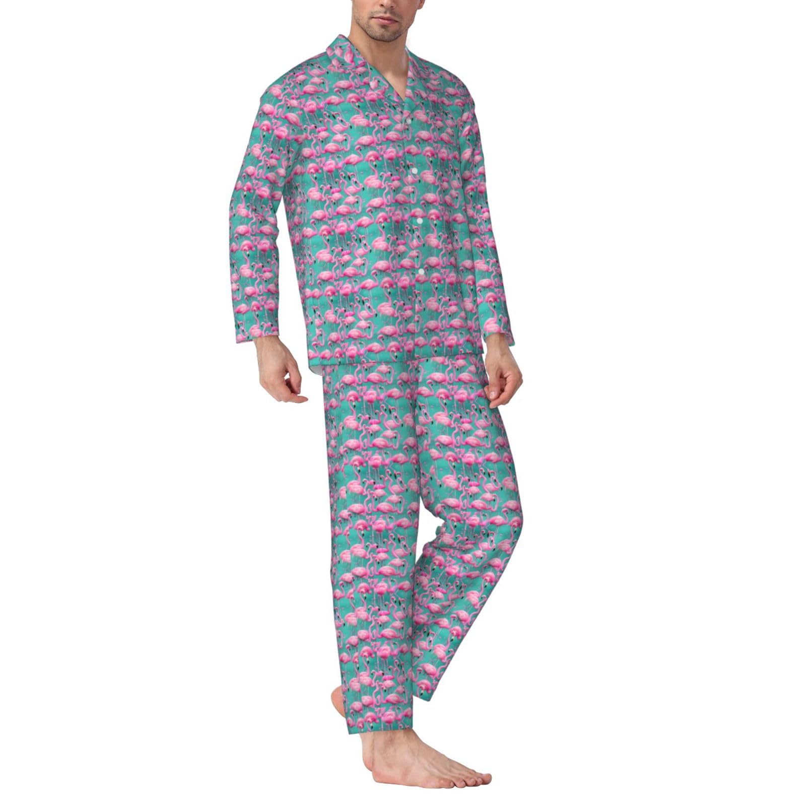 Bonito conjunto de pijama de manga larga para hombre con estampado de flamencos rosados, ropa de dormir de dos piezas, transpirable, cómoda