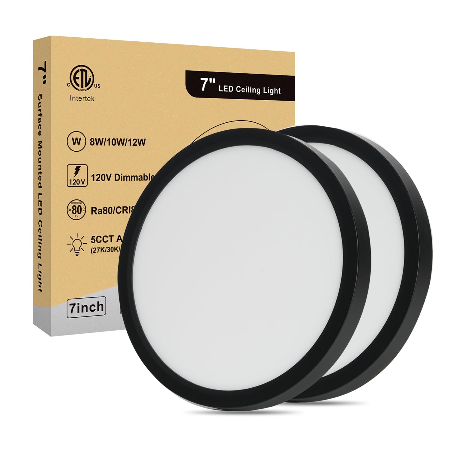 7 Inch LED Flush Mount Ceiling Light, Dimmable 5CCT Selectable, 100W Equivalent Incandescent, 12W 1000Lm Modern Kitchen Recessed Ceiling Lamp for Bathroom Closet Laundry Hallway, 7 Inch 2Pack Black โ image 1