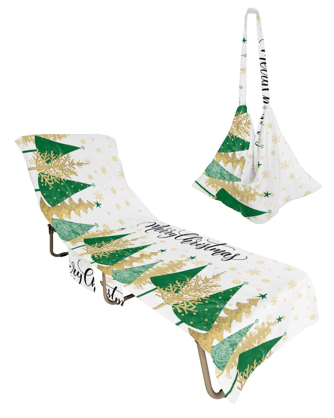 Green Yellow Christmas Tree Beach Lounge Chair Towel Cover, Soft Chaise Lounge Towel with Side Pockets Patio Pool Chairs Cover for Beach/Pool Sunbathing 29x85 Xmas Winter Snowflake