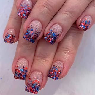 24Pcs Independent Day Press on Nails Short Square Acrylic Nails False Nails 4th of July Fake Nails Colorful Blue Gradient French Tip Glue on Nails for Women Girls Patriotic Manicure Decor