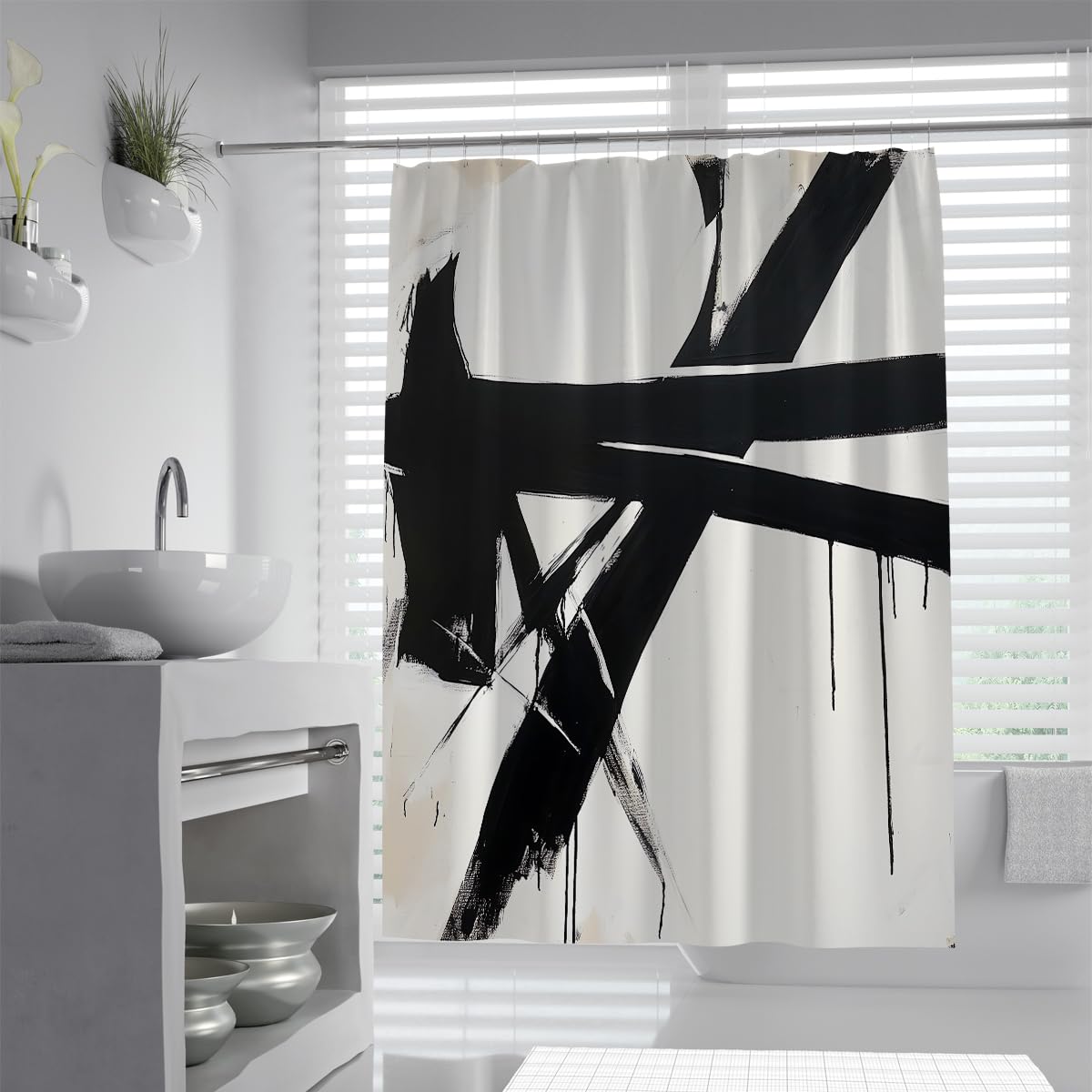OLLIAR Home Abstract Brushstroke Art Shower Curtain Waterproof Fabric Modern Minimalist Contemporary Black and White Bathroom Set Accessories Decor with Hooks 240x180cm