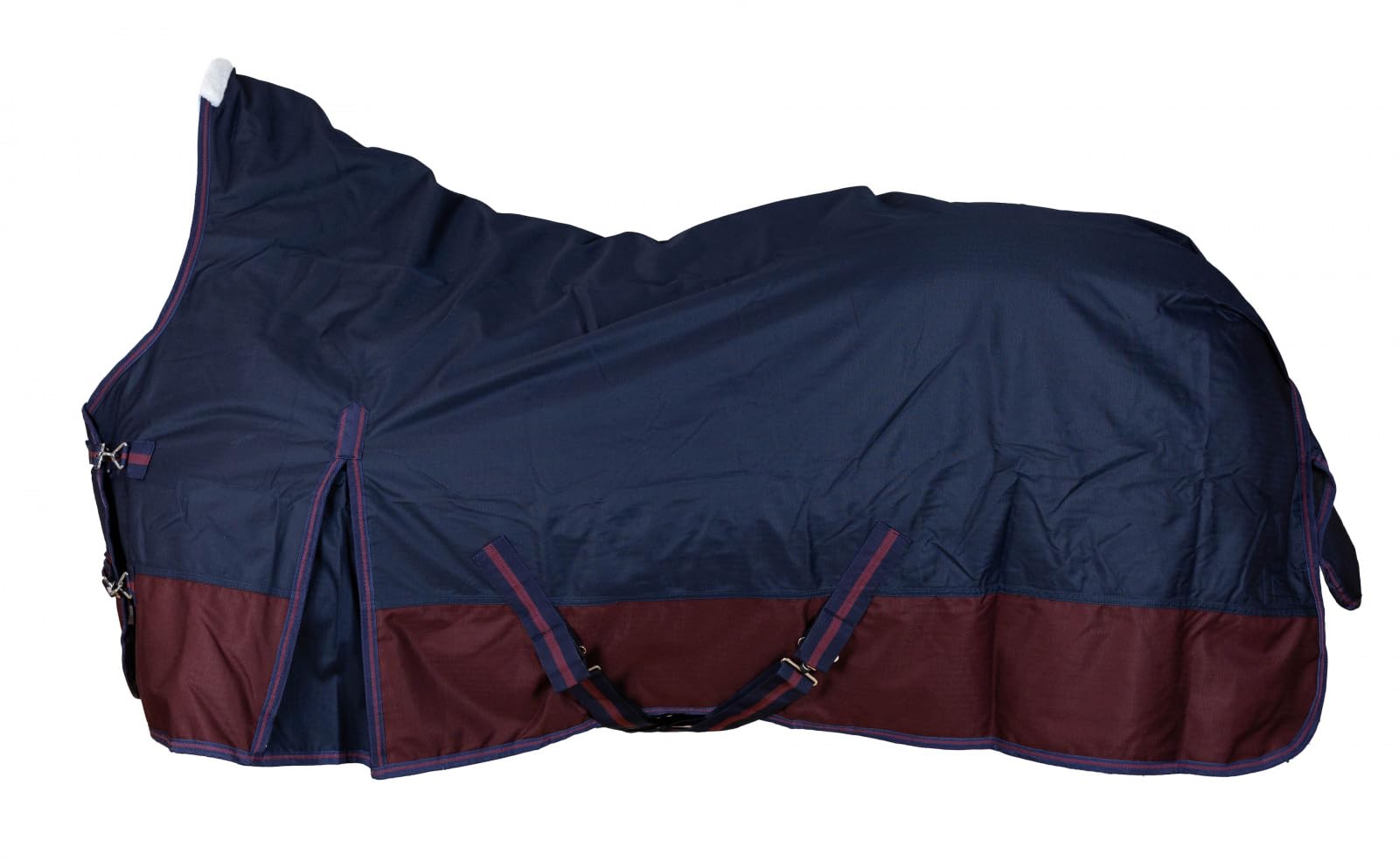RL24 - Weidedecke High Neck Basicline 600D – Regendecke & Übergangsdecke – wasserdichte Outdoordecke mit Kreuzbegurtung – Pferdedecke in Marine/Kastanie – Größe 145cm (200g/m² Füllung)