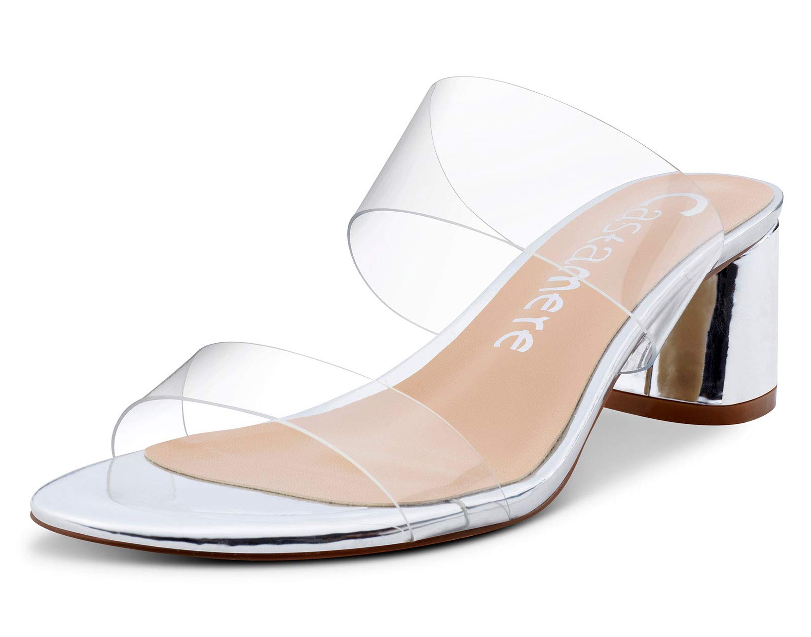 Castamere Damen Peep Toe Slip-On Sandalen Klar Transparent Blockabsatz 5CM Mittel Heel