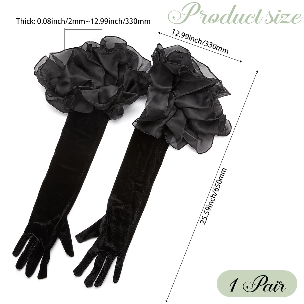 CABODYALS Black Satin Wedding Gloves Long Retro Formal Soft Velvet Stretchy Mittens with Sheer Tulle Ruffle Pleated Cuff Over Elbow Glove for Adult Women Costume Bridal Evening Dress Halloween Cosplay - Image 2