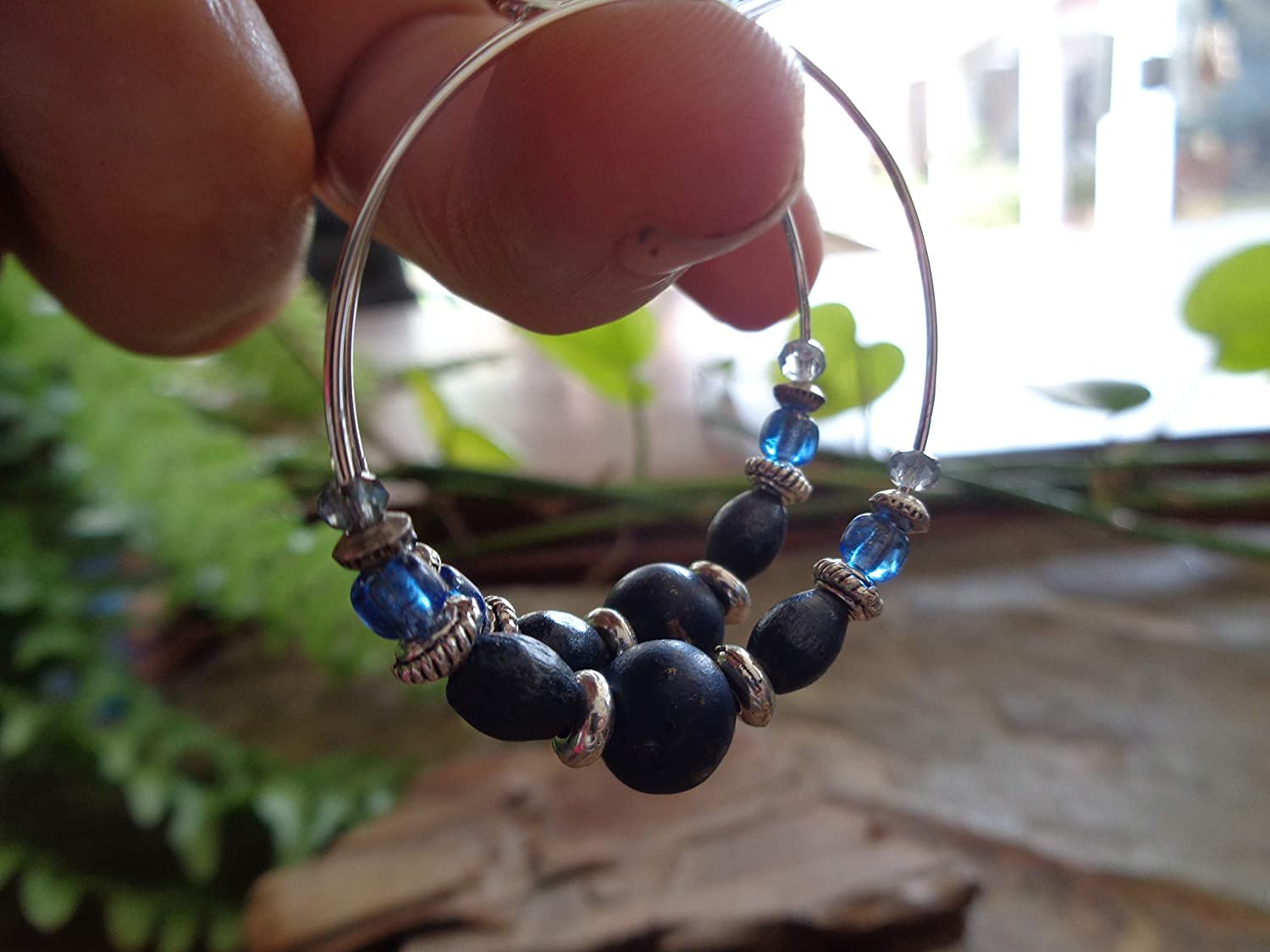 ⊹⊱✿ JEANS BLUE CRYSTAL - GLASS - WOOD HOOP ✿⊰⊹ boucles d'oreilles uniques et légères faites d'un grand mélange de matières en bleu