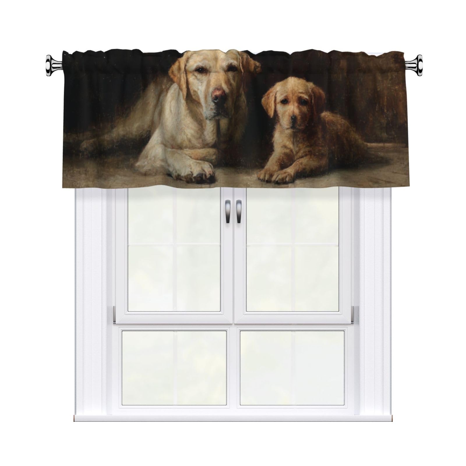 Woshuwo Vintage Labrador Dog And A Puppy Valances For Windows Rod Pocket Window Treatment Short Curtains For Kitchen Living Room Bedroom Decor 54x18in