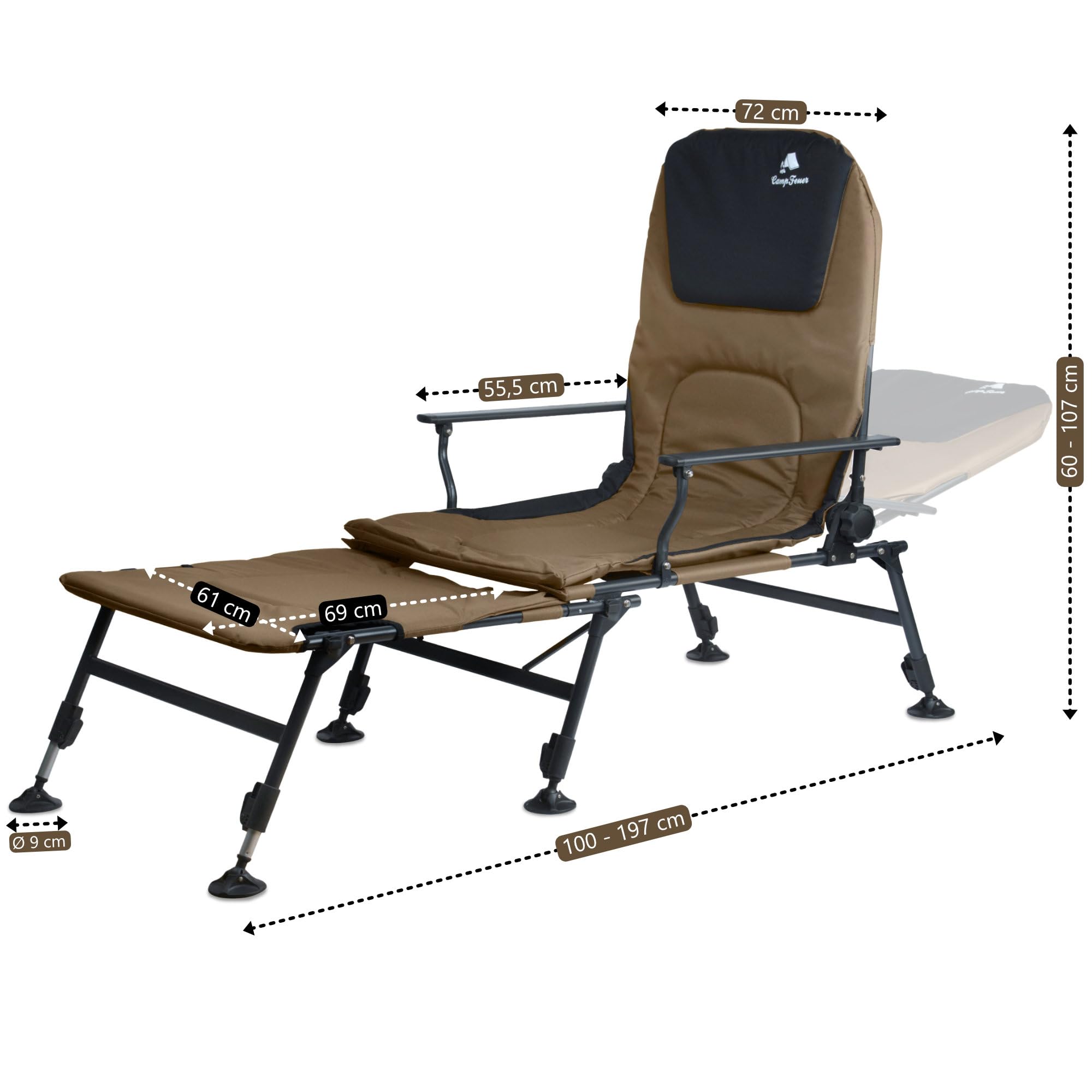 CampFeuer 2in1 Angelstuhl Olivgrün/Schwarz | Höhenverstellbarer Campingstuhl und Angelliege | Faltbarer Karpfenstuhl | Outdoor Travelchair für Camping, Zelten, Angeln | Fischerstuhl klappbar