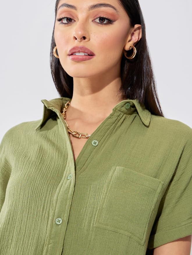 Image of Styli Women Regular Fit Roll-Up Sleeve Textured Button-Down Shirt | Stylish Casual Shirt for Women | Comfortable Office Wear & Everyday Western Tops