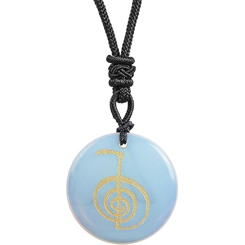Round Stone Lucky Coin Spiral Reiki Symbol Crystal Stone Pendant Necklace for Men a...