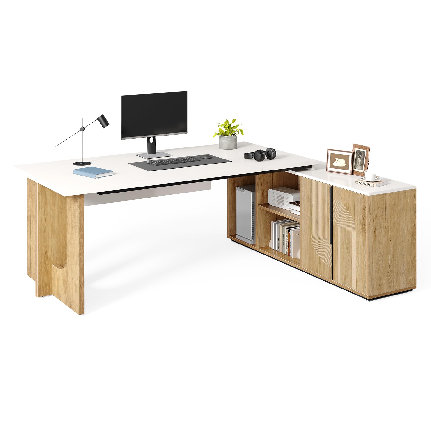 LITTLE TREE 74-Inch Executive L-Shaped Desk with Storage Cabinet & Shelves, Large Home Office Computer Desk, Modern Business Workstation for Professionals (Oak & White)