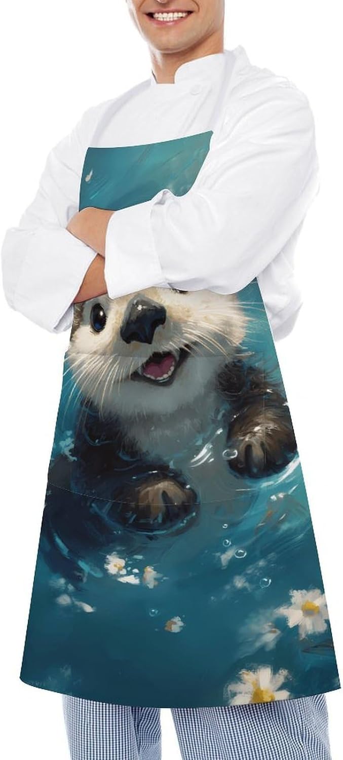Sea Otter Floating in Water Funny Apron Chef Aprons with Pockets for Gardening Cooking Kitchen