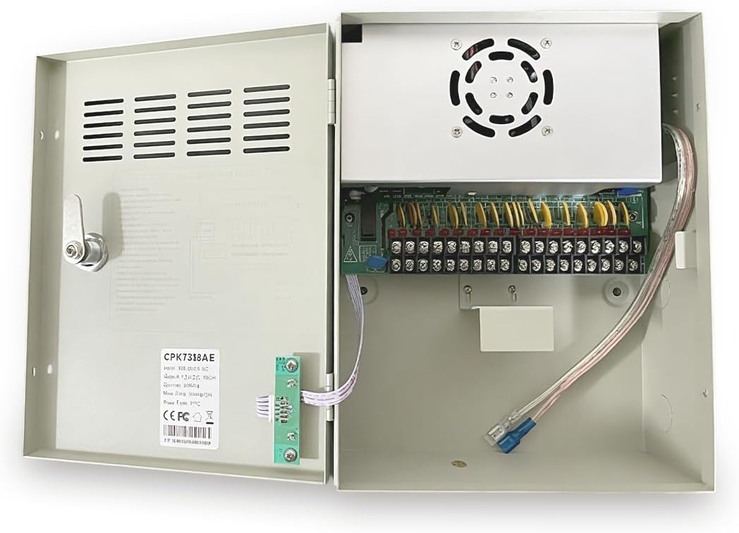 18 Channel 12V DC 20 Amp Output CCTV Distributed Power Supply Box with AC Plug and Lock for Security Cameras and DVRs (20A 18-Channel)
