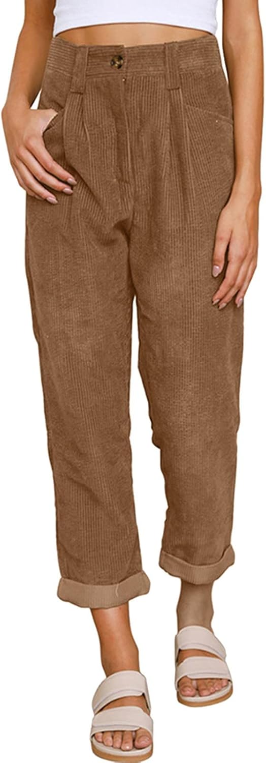 ZYXTIM Womens Vintage Corduroy Cropped Pants Stretchy Button Roll-Up Straight Leg Casual Comfy Work Pants with Pockets
