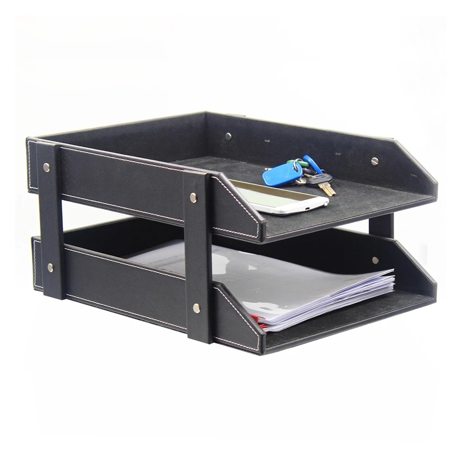 Estante for bandeja de archivos documentos A4: organizador escritorio doble capa con detalles en cuero for uso oficina(Black)