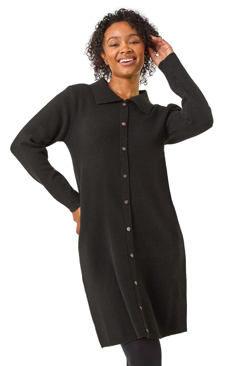 Roman Women's Black Petite Collared Knit Shift Dress