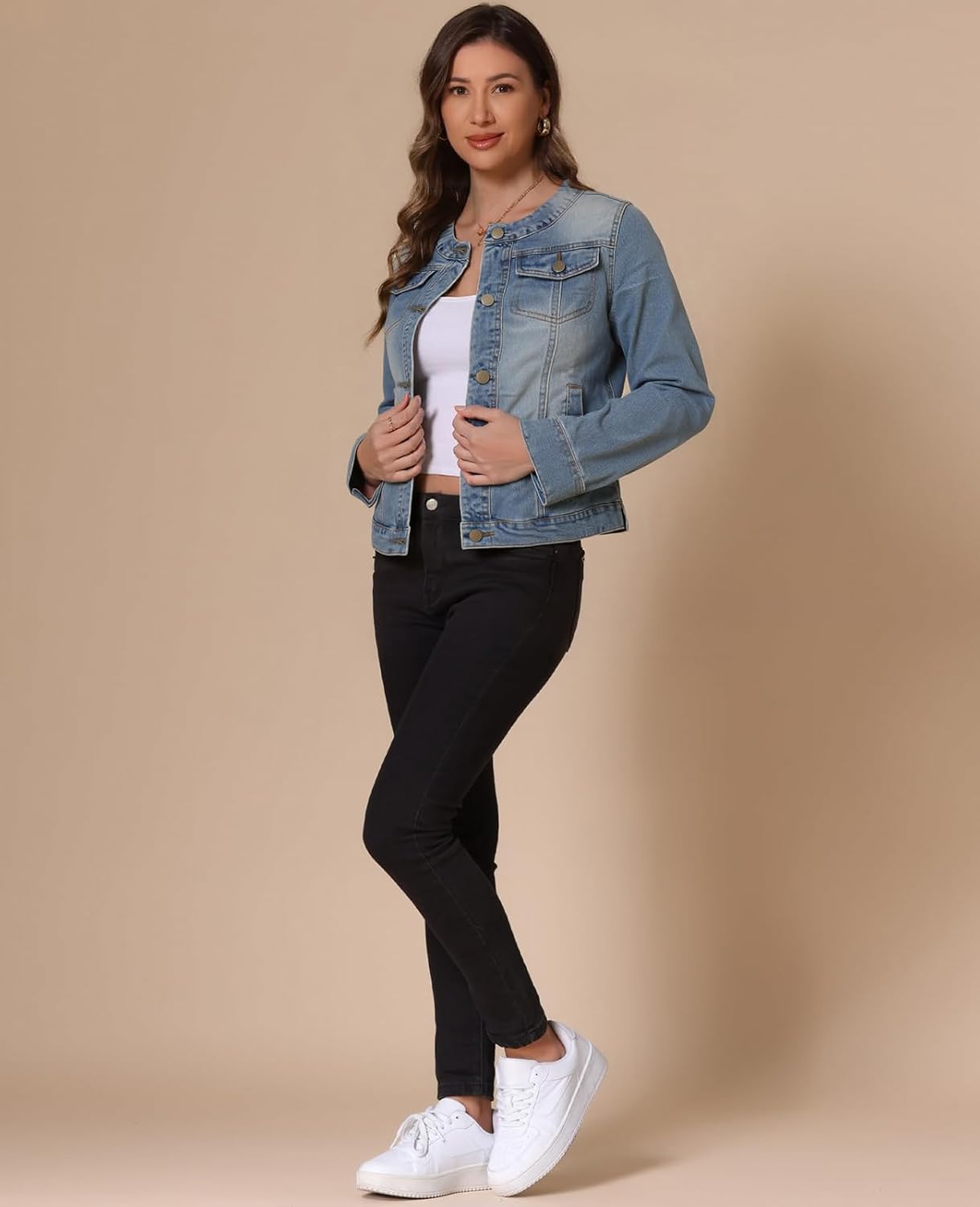 Unifizz Women's Jean Jacket Collarless Round Neck 2025 Button Down Long Sleeve Stretchy Denim Jackets - Image 6