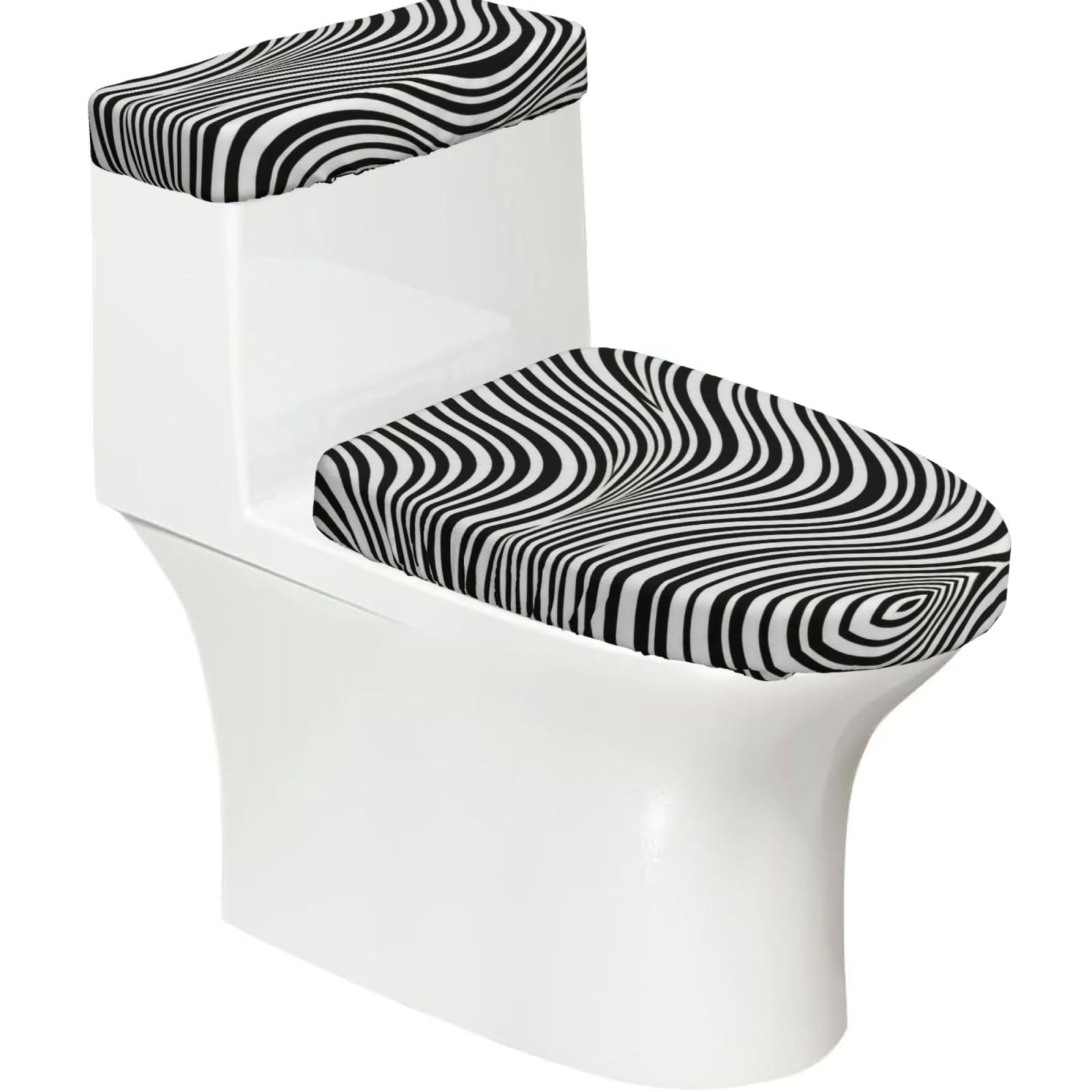 Wave Stripe Elastic Toilet Cover Set of 2-Stretchy Lid and Tank Covers for Bathroom, Soft Washable U Shape Toilet Decor