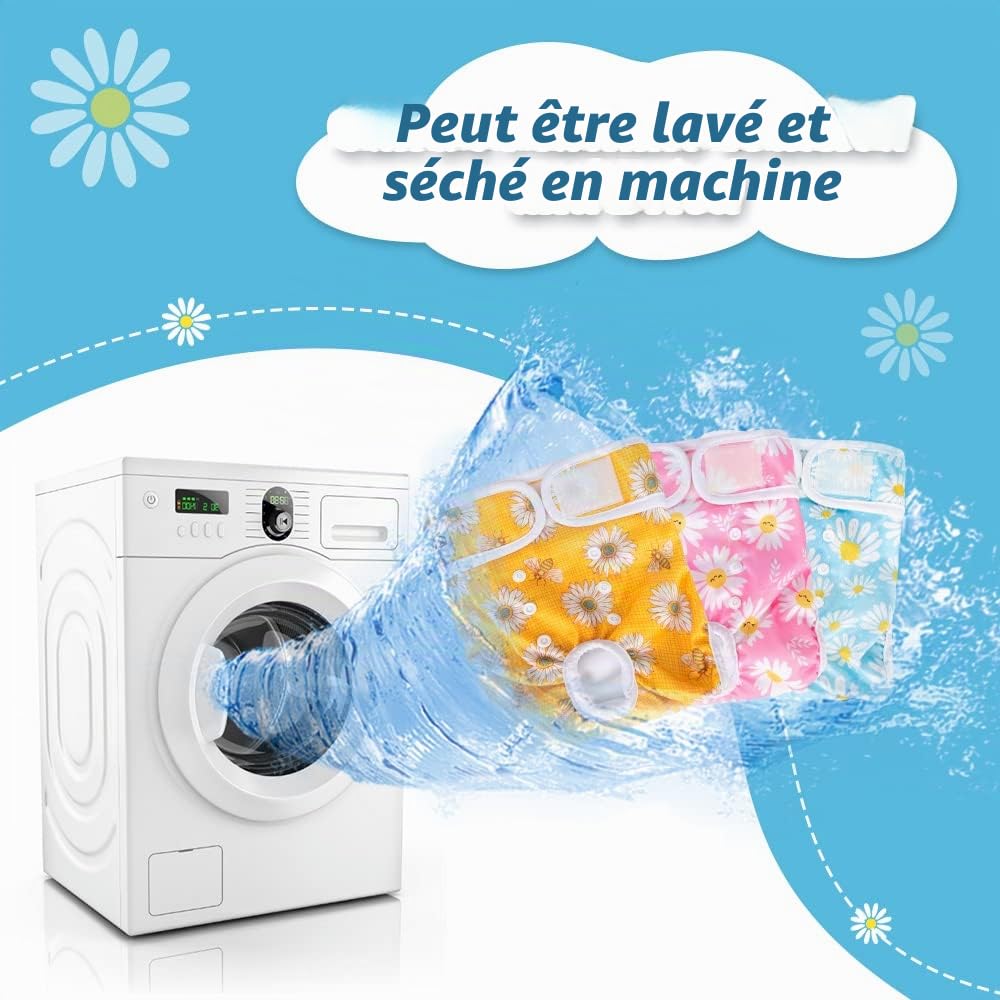 SlowTon Couche de Chien Lavable, 3 Pièces Sans Fuite, Confortable et Réutilisable, Avec Boucle Réglable, Pour Femelle, Miction Irritante à Haute Température