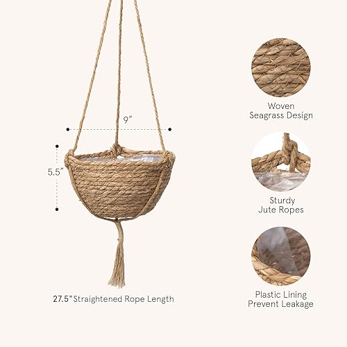 Vista 6 de LA JOLIE MUSE Juego de Cestas Colgantes de Hierba Marina Natural, Macetas de Interior, Cubierta de Maceta de Decoración Boho, 9 (D)*5.5(H) Pulgadas