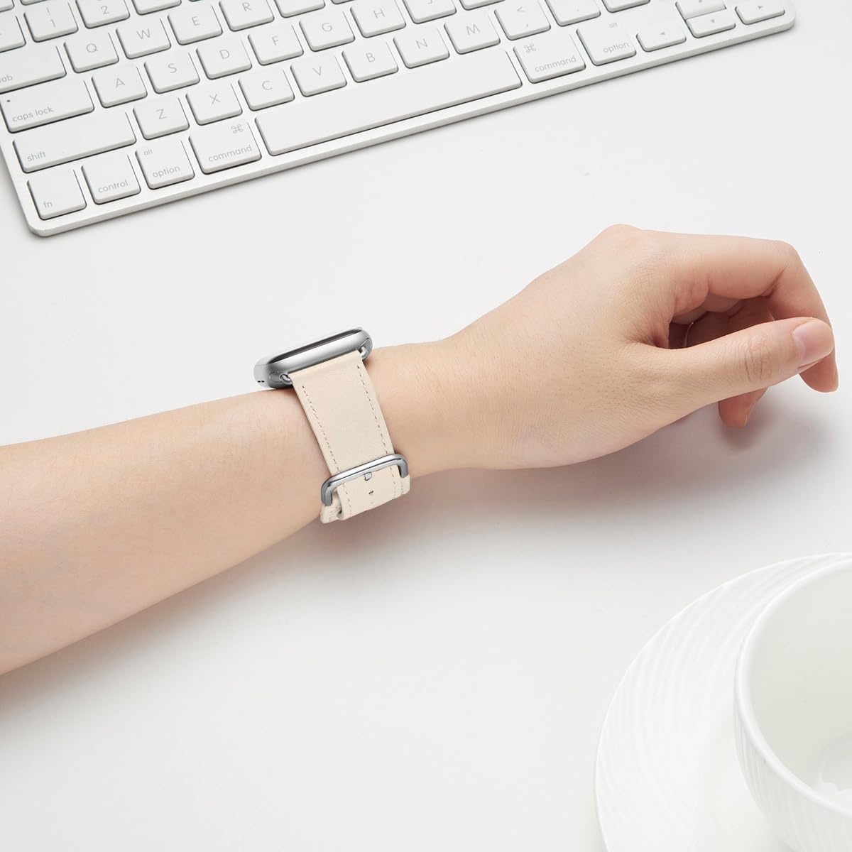 POWER PRIMACY Leather Bands Compatible with Apple Watch Band 38mm 40mm 41mm 42mm-Series 11/10,Genuine Leather Strap Compatible for Women Men iWatch SE Series 11 10 9 8 7 6 5 4 3 2 1(Ivory white/Silve) - Image 5