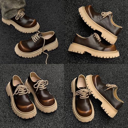 Men's Vintage Leather Platform Oxfords,Classic Comfort Round Toe Lace Up Non-Slip Casual Dress Business Derby Shoes2