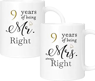 9th Anniversary Coffee Mugs Set of 2, 9 Year Anniversary Wedding Gifts Decorations for Couple Parents Men Women Husband Wife Him Her, Gift Box Packaging, 11oz